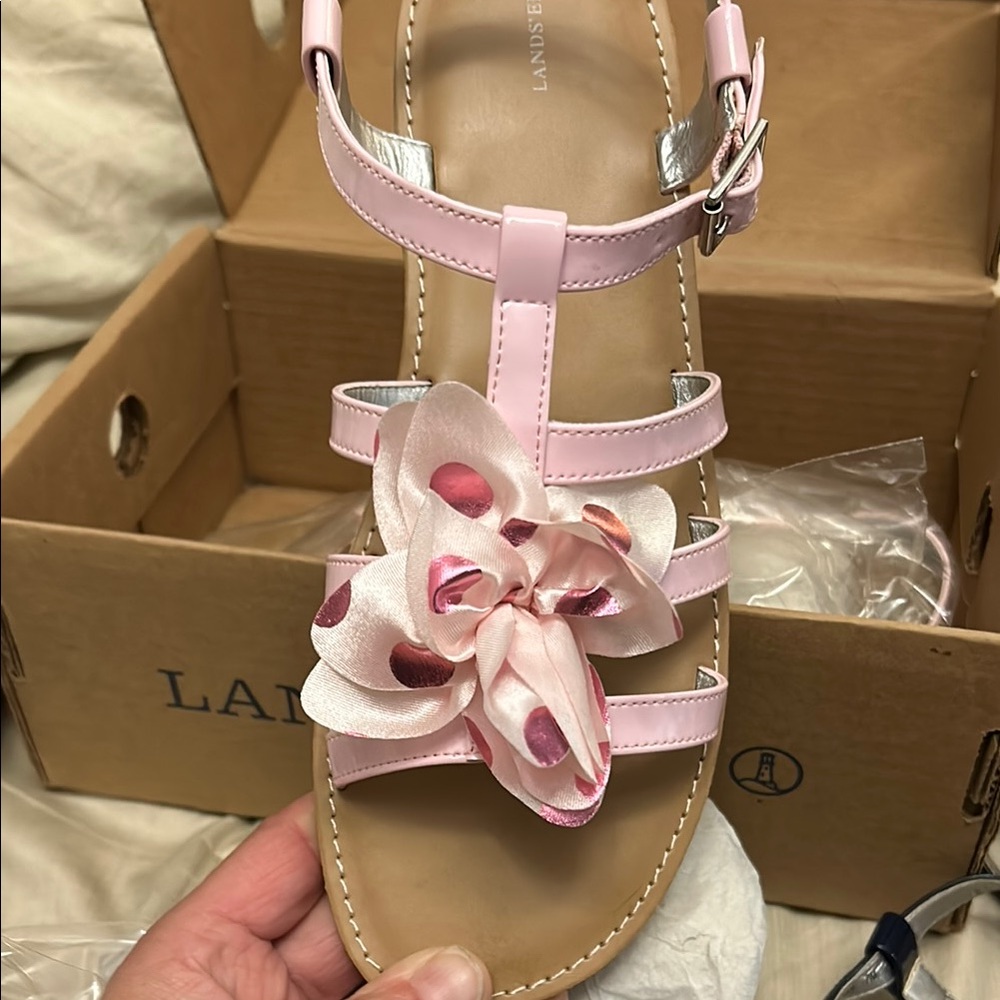 Lands' End Pink ballerina flower Sandals with Floral Accent big girls 6